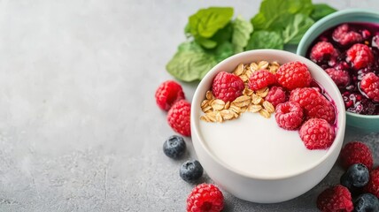 Bright breakfast spread with soy milk, berry parfait, and greenery, representing freshness and wellness