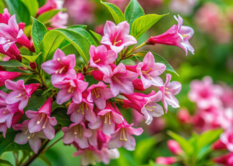 Fototapeta premium Delicate pink weigela flowers bloom in profusion on a lush green shrub, their trumpet-shaped petals gently swaying in the breeze, creating a stunning display.
