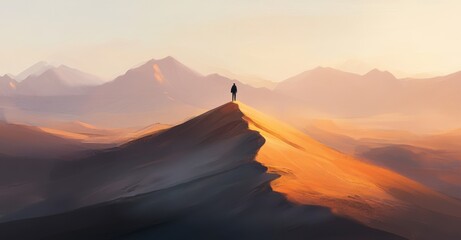 Naklejka premium person standing on top of the sand dune, with mountains and fog in the background, at sunrise