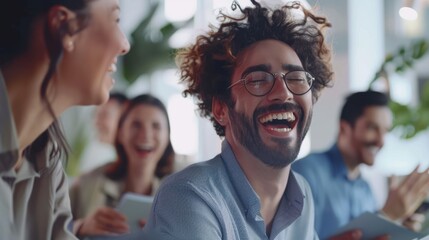 Obraz premium Laughing Group of People in Smart Casual Attire Reviewing Insurance Compliance and HR Agreements Indoors