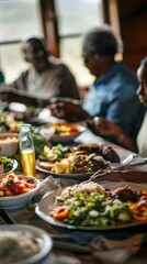 Obraz premium Family members savoring a variety of dishes at a cozy cabin in the early evening