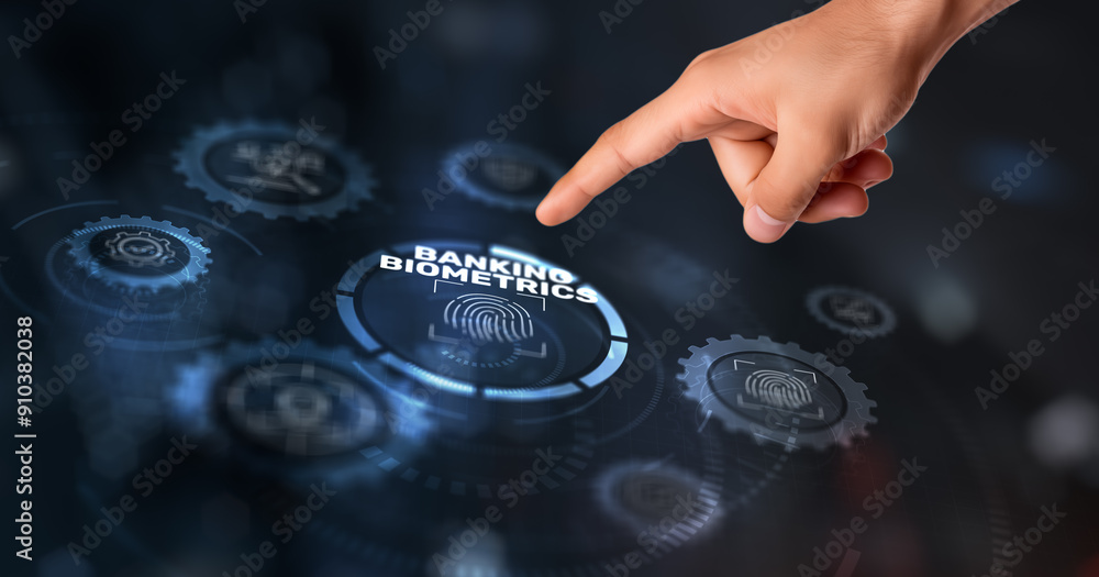 Poster banking biometrics fingerprint concept. biometrics security with digital interface