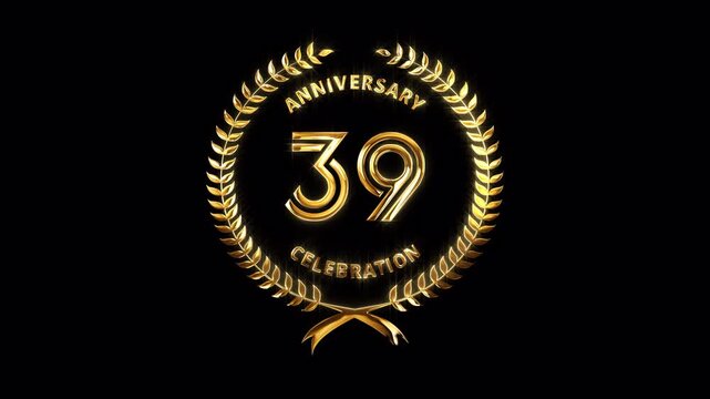 39th Anniversary Celebration. Happy 39 Years Anniversary Animation in Gold Color on the Transparent Background, Alpha Channel. Great for greetings, celebrations, events, and gifts.