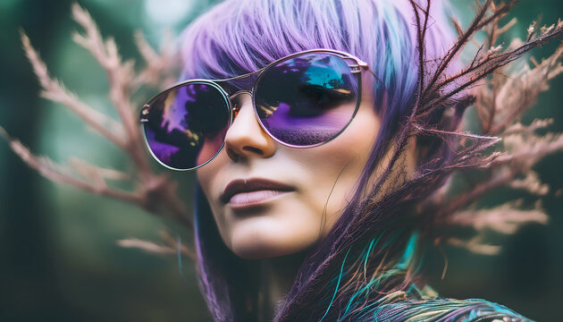 frau, model, indie, y2k, style, herbst, neu, close up, gesicht, wald, fee, &auml;ste, zweige, sch&ouml;nheit, mit, hippie, aesthetic, kawaii, e-girl, cyber, word, futuristisch, make-up, werbung, ad, copy space,