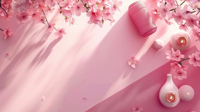 Mancuerna y estera de yoga en vista superior de fondo rosa