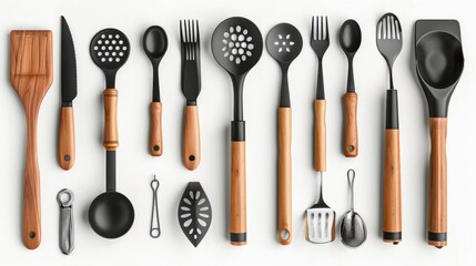 Set of kitchen utensils, white background, cooking tools
