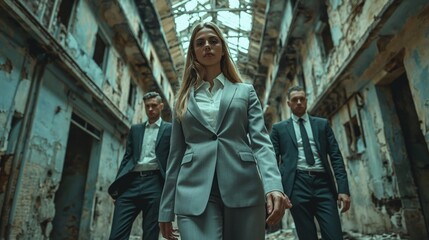 Naklejka premium Mid-adult business woman standing with two colleagues in a derelict prison.