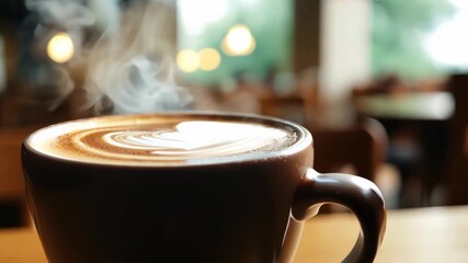 Morning cup of hot refreshing coffee on the wooden table in cafe