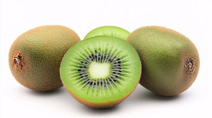 Fototapeta premium Ripe whole kiwi fruit and half kiwi fruit isolated on white background