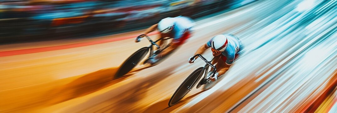 Cyclists Race at High Speed on a Velodrome Track - Two cyclists are racing on a velodrome track, the image has been taken at a fast shutter speed to create a sense of motion. The cyclists are blurred 
