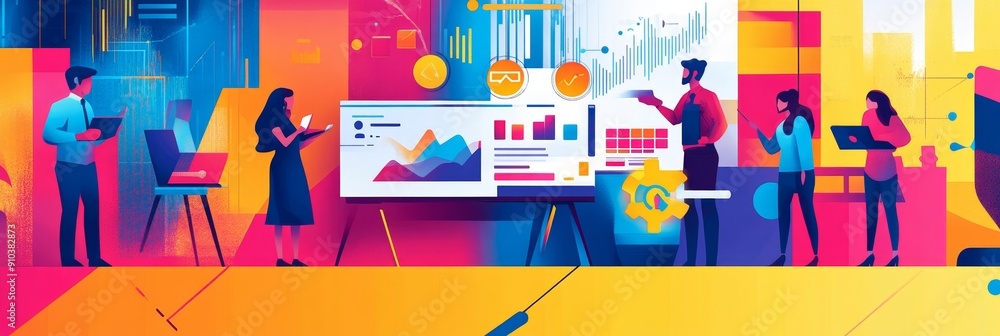 Poster data-driven collaboration: business people analyzing charts and graphs - a team of diverse business 