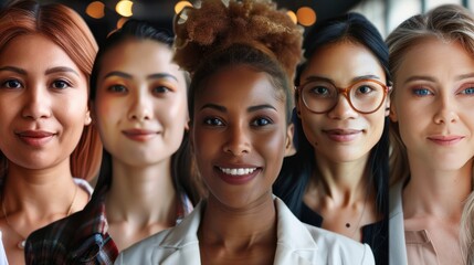 Obraz premium Mosaic collage of female businesswomen of multiethnic face and different ages, portraits of successful women smiling at the camera