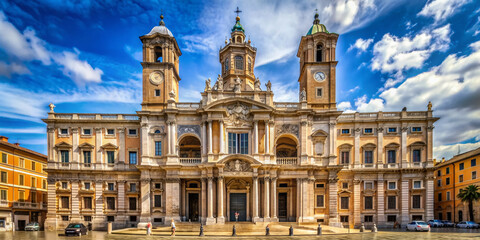 Obraz premium Majestic Baroque-style façade of Basilica Santa Maria Maggiore in Rome, adorned with ornate details, towering columns, and ancient Romanesque architecture, set against a blue sky.
