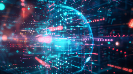 Computer screen with red, blue and green background and a large blue sphere. The sphere is surrounded by a series of lines and dots. Concept of technology and complexity. Abstract background.