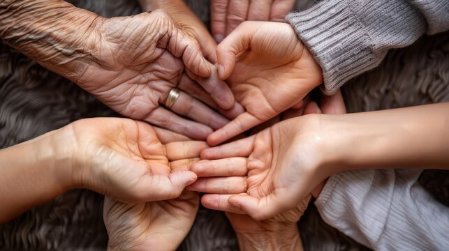Multiple generations hands creating a heart shape together, representing love, family, care, and unity across ages