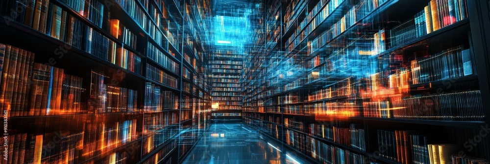 Poster digital library: a gateway to infinite knowledge - a glowing, abstract representation of a digital l