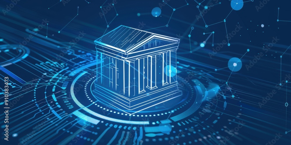 Poster digital icon of a bank building with columns on a blue background, surrounded by white circles and l