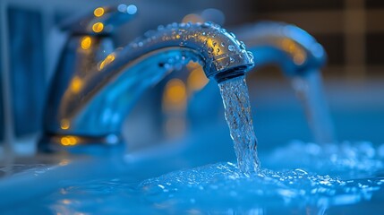 Close-up view of clear water flowing from metal taps with droplets captured in motion, symbolizing clean water access and purification.