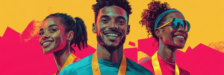 Diverse Athletes Celebrating Victory with Smiles and Medals - Three diverse athletes, a man and two women, stand with smiles on their faces, each wearing a gold medal, symbolizing achievement, teamwor