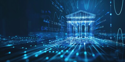 A futuristic icon of an open bank building with columns, surrounded by digital lines and data curves on a dark blue background, representing the evolution to artificial intelligence Generative AI