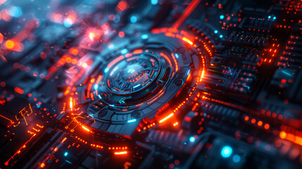 Obraz premium A close up of a glowing, colorful, and abstract design. The design is made up of many small, bright lights that seem to be scattered all over the image. Scene is one of excitement and energy.