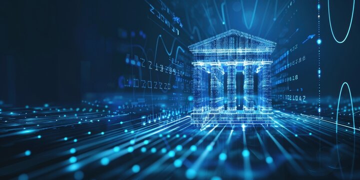 A futuristic icon of an open bank building with columns, surrounded by digital lines and data curves on a dark blue background, representing the evolution to artificial intelligence Generative AI