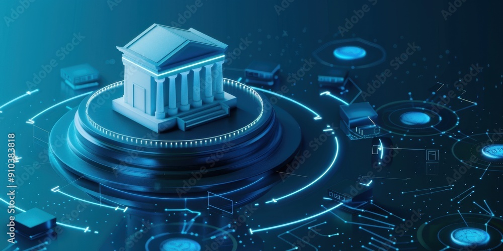 Poster white bank building on a blue background with digital elements in the style of data visualization ge