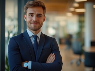 Fototapeta premium A businessman in a suit and tie standing with his arms crossed, ideal for business or professional settings