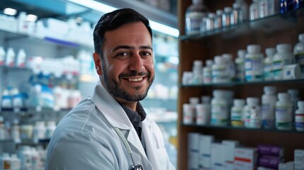 Fototapeta premium photograph of Smiling portrait of a handsome pharmacist in a pharmacy store.generative ai