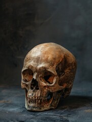 Human skull on dark background. Human remains.