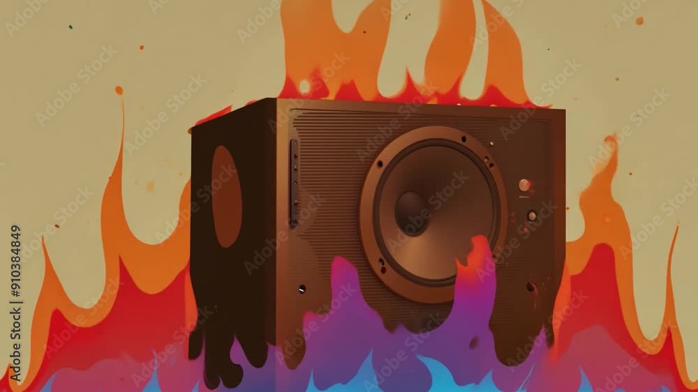 Poster a powerful sound system emerges from vivid flames, showcasing an explosion of colors and dynamic ene
