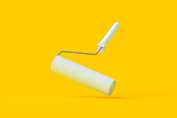 Falling paint roller on orange background. Tool for renovation. Housework equipment. Professional instrument. 3d render