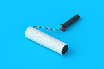 Paint roller on blue background. Tool for renovation. Housework equipment. Professional instrument. 3d render
