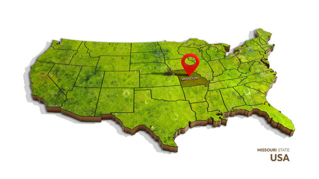 3D rendering of united states map highlighting MISSOURI state isolated on transparent background