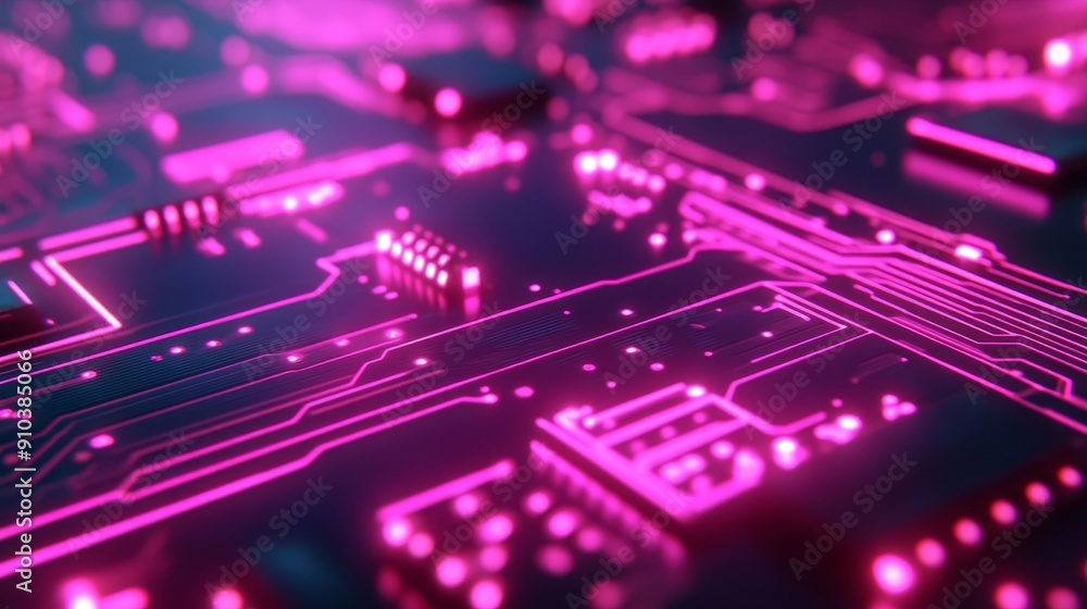 Poster futuristic circuit board with glowing pink lines - a close-up of a circuit board with glowing pink l