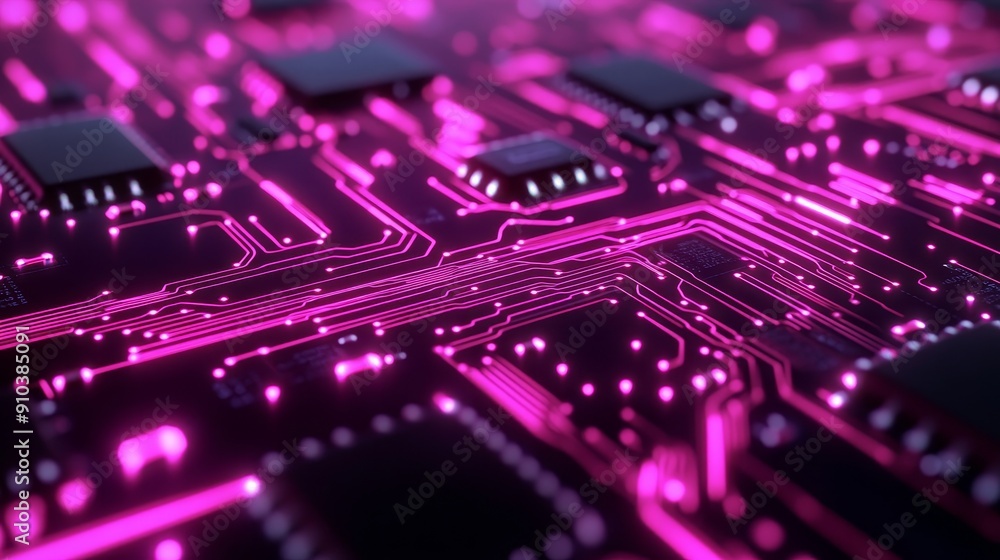 Poster futuristic circuit board with glowing pink lines - a close-up image of a circuit board with glowing 