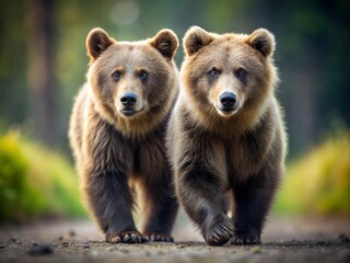 Obraz premium Two grizzly bears stroll side by side along a forest path, illuminated by the warm golden light of the setting sun filtering through the trees. . Generative AI