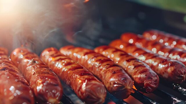 Juicy sausages roasting on a hot grill, with smoke rising and a warm, inviting glow.