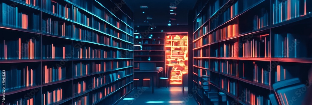 Poster futuristic library with bookshelves illuminated in blue and red light - a futuristic library with en
