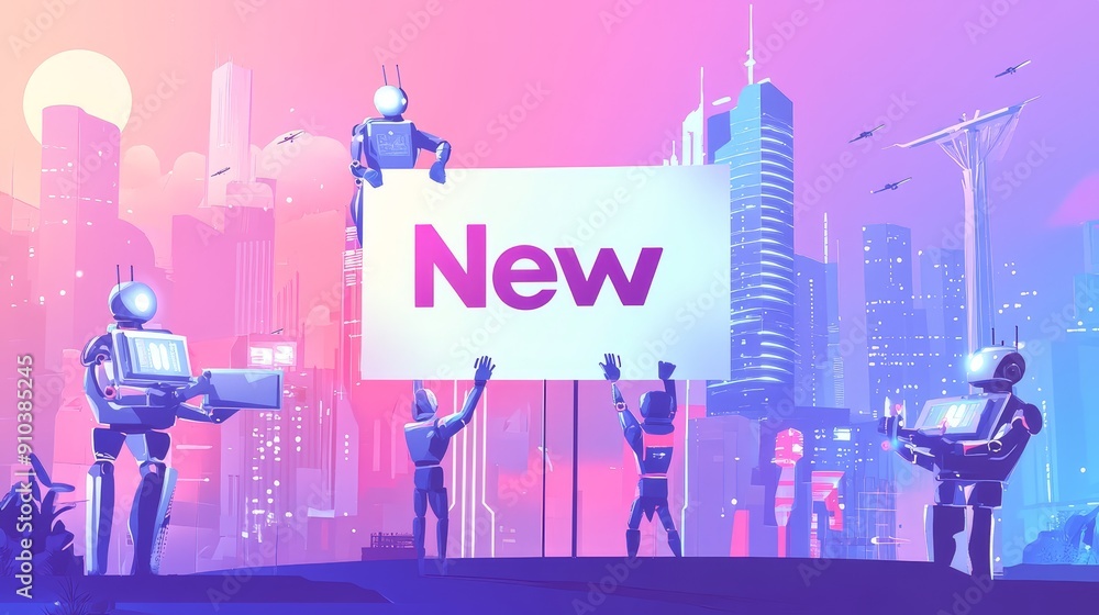 Poster futuristic cityscape with robots announcing 
