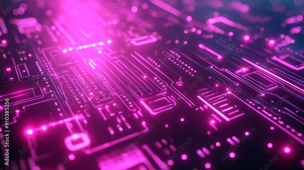 Poster futuristic pink circuit board background - abstract digital circuit board with glowing pink lines re