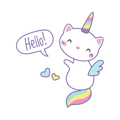 Cat Unicorn Character with Rainbow Tail and Horn Vector Illustration