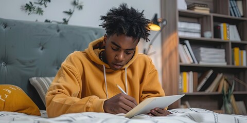 Gen Z student teenager doing homework in bedroom