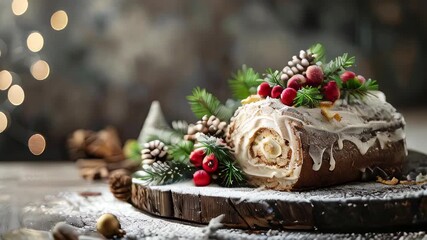 Festive yule log cake with holiday decorations, placed on a wooden surface with a blurred background.