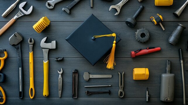Graduation and Tools: A Symbol of Future Success - This image depicts a graduation cap surrounded by tools, symbolizing the skills and knowledge needed for success in the future. The tools represent h