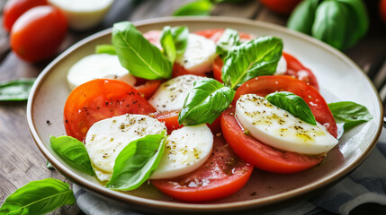 Tomato and mozzarella slices arranged alternately on a plate, garnished with basil leaves and drizzled with olive oil.
