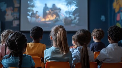 Kids Watching Movie on Projector Screen in Classroom - A group of elementary school children sit in a classroom watching a movie projected on a screen. The children are engaged in the film, demonstrat
