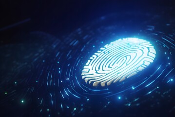 Abstract glowing finger print id hologram on dark backdrop. Fingerprint, biometrics, information technology and cyber security concept. 3D Rendering
