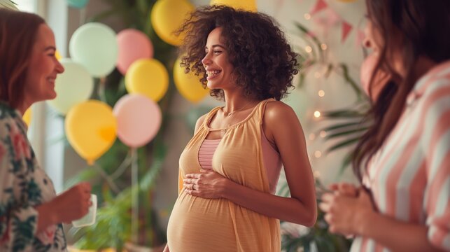 Pregnant woman celebrating  with friends