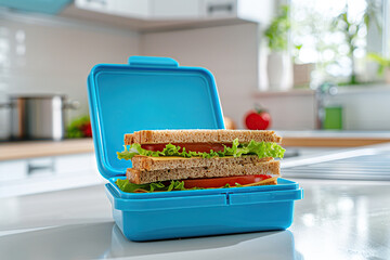 School lunch box with tasty sandwich